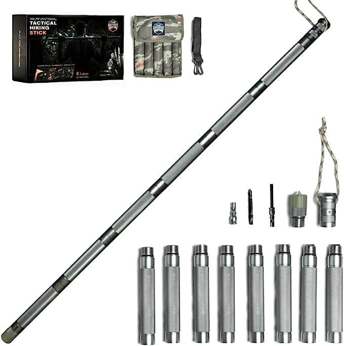 Hiking Tactical Stick Walking Staff - Outdoor Multitool Gear Trekking Pole Collapsible Retractable Premium 15 in 1 | 8 Tubes - Image 3