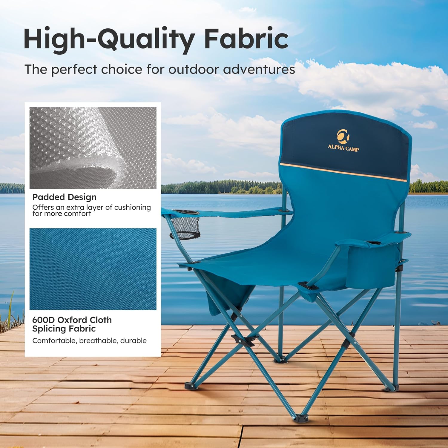 LET'S CAMP Camping Chair 2 Pack Folding Chair with 3-Can Cooler Bag Portable Lawn Chair with Cup Holder,Storage Pocket, Supports 225LBS, Collapsible Chair for Camp, Beach, Picnic (Blue) - Image 6